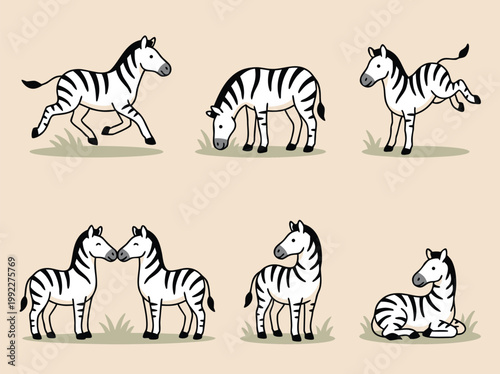 Cartoon Zebras in Various Poses on a Beige Background.