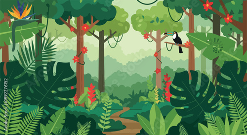 Vibrant Tropical Rainforest Illustration with Exotic Birds, Lush Greenery, and Jungle Path