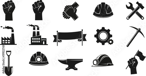 collection of black silhouette industrial icons on white background for design