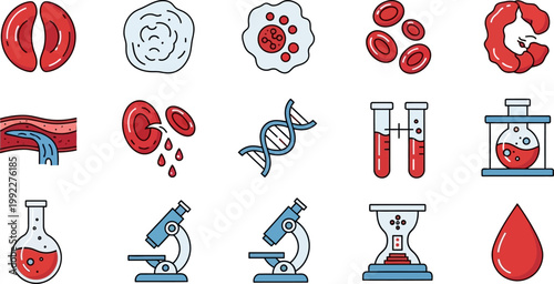 Medical and science icons including blood cells DNA test tubes and microscopes for healthcare and laboratory concepts