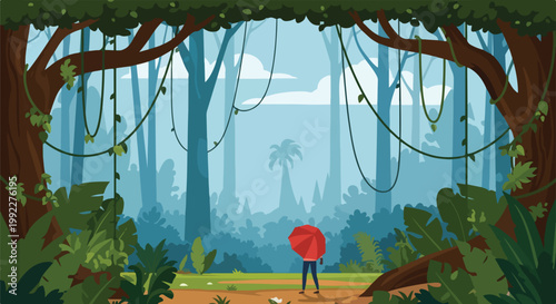 Flat Vector Illustration of a Person with a Red Umbrella Exploring a Dense Tropical Jungle Forest with Vines and Tall Trees