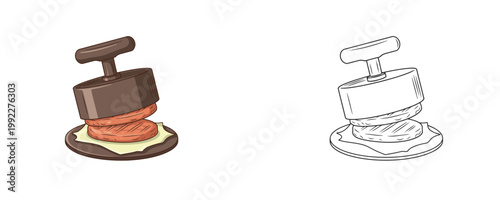 Professional brown burger press with grill patties and black line style used for shaping meat and making perfect hamburgers
