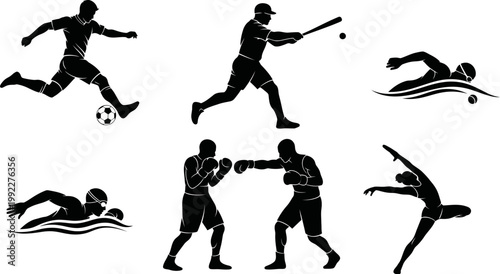 Silhouette of various sportsmen in action poses on white background