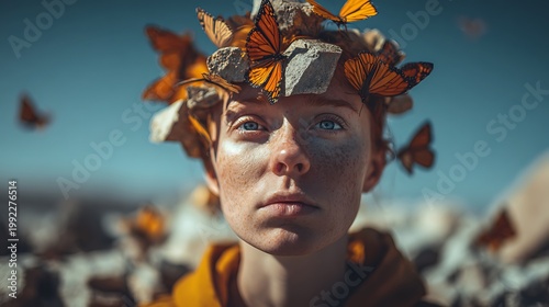 A portrait of a person adorned with butterflies and stones, contemplating deeply