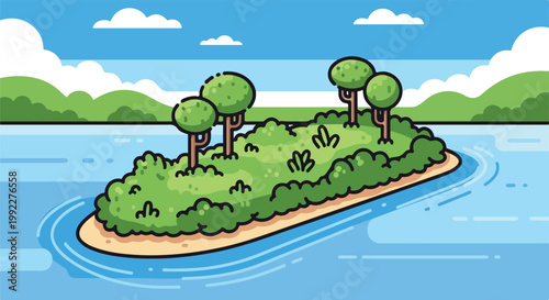 Flat Vector Illustration of a Lush Green Island in a Blue Lake with Trees and Clouds