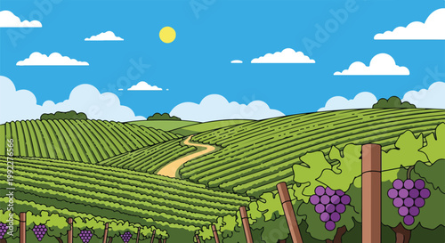 Sunny Vineyard Landscape Illustration with Purple Grapes and Rolling Green Hills under Blue Sky