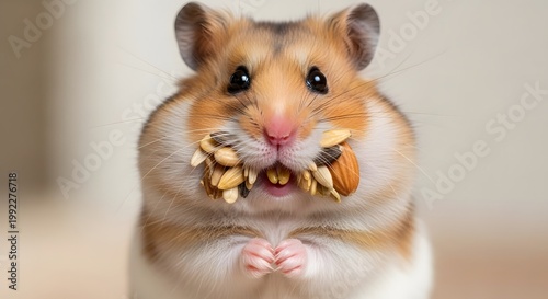 Cute Syrian hamster with mouth full of seeds and nuts stuffing its cheeks, close-up portrait of a funny pet