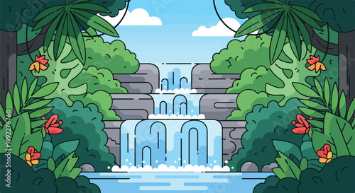 Tropical Jungle Waterfall Vector Illustration with Lush Green Foliage, Exotic Plants and Multi-Tiered Scenic Cascades in Flat Design Style