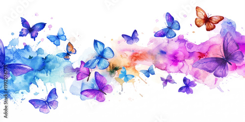 Watercolor colorful butterflies flutter amidst vibrant watercolor splashes. A whimsical and artistic representation of nature's beauty and the feeling of freedom. for print, wall art, branding