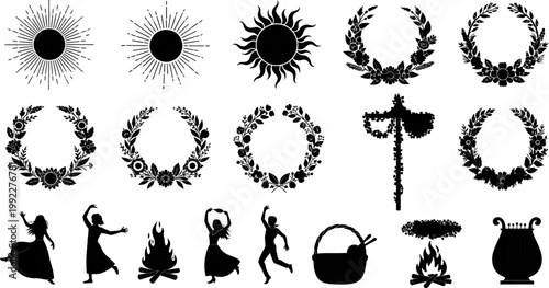 Collection of various black silhouettes on white background including sun symbols floral wreaths dancing women campfire pot and vase