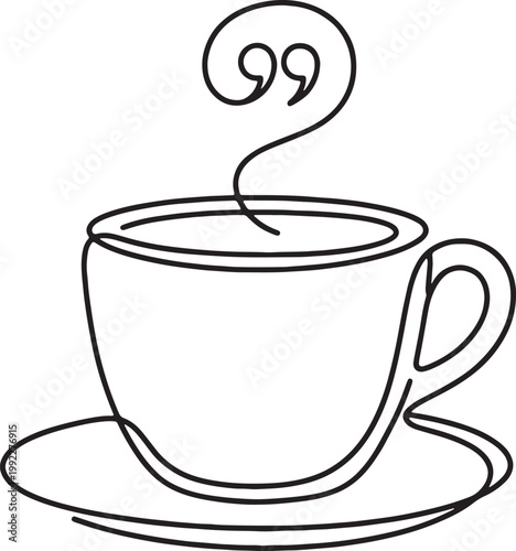 A simple line art drawing of a steaming cup of coffee or tea with quotation marks above representing speech or idea