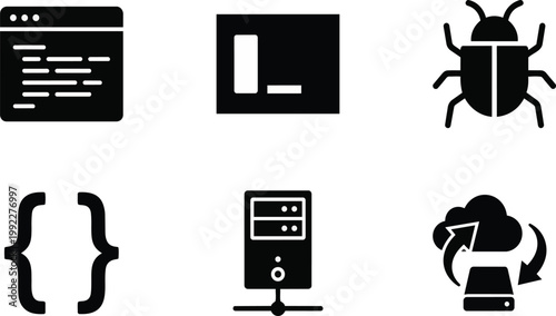 Set of six black vector graphic icons representing essential software development concepts including coding syntax server architecture cloud data storage debugging tools and terminal interface command