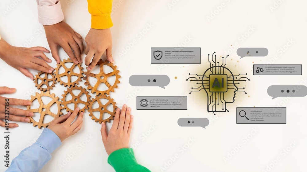 Obraz premium Collaboration and Innovation in Artificial Intelligence with Hands and Gears Representing Teamwork and Technology Advancement Concepts Gluon.