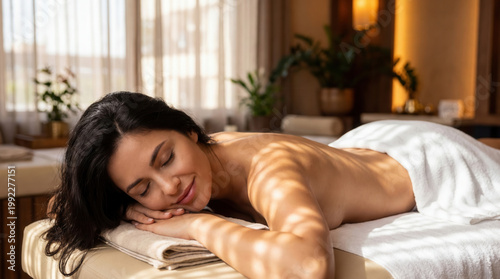 Young woman lying on a massage table, eyes closed and smiling peacefully. She is partially covered by a white towel in a warm, sunlit spa room.