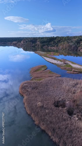 Aerial view from a drone of the Alberche River near the Cazalegas Reservoir, close to the town of Cazalegas. Province of Toledo. Castile-La Mancha. Spain. Europe