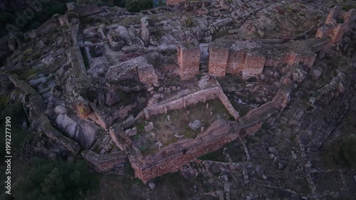 Aerial view from a drone of the Archaeological Site of Ciudad de Vascos (an ancient city of Al-Andalus) in Navalmoralejo, Toledo Province, Castile-La Mancha, Spain, Europe
