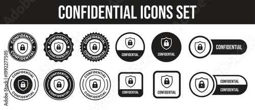 A collection of black and white confidential security icons including circular seals shields and rectangular labels high quality professional detailed modern elegant stylish