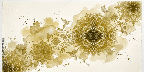 Watercolor Intricate golden mandala designs intertwine with watercolor textures and delicate hummingbird accents. for print, wall art, branding