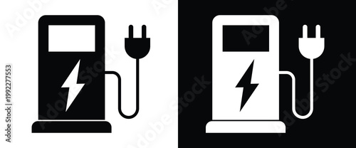 A graphic illustration depicts two electric vehicle charging stations one in black and the other in white symbolizing duality high quality professional detailed