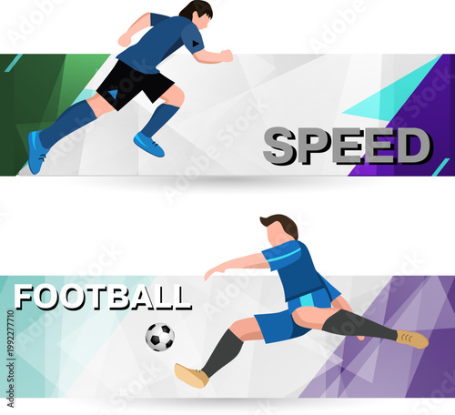 soccer ball. Soccer Template design, Football banner, Sport layout design.  vector illustration.  kicking a soccer ball, running. black, blue, green.
