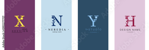 Logo N, Y, capital letter X, H. Monogram of Botanical Minimalistic, Initial. with Organic Plant Elements. chamomile, Dandelion. Vector design.