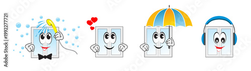 wash the window. sell windows. Shower water sprays. window under the umbrella. windows with headphones. Set vector illustration for the business of selling Windows.