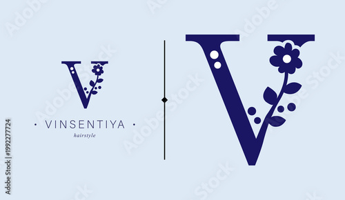 Logo, capital letter V. Monogram of Botanical Minimalistic, Initial. with Organic Plant Elements. chamomile, Dandelion. Vector design. for tattoo studio