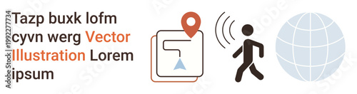 Navigation systems, GPS, geolocation services, tracking, movement signals, global connectivity. Map icon, person symbol and globe. Navigation systems and GPS in a global context