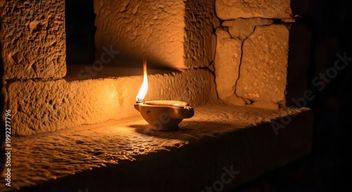 Holy image of clay lamp glowing warmly on stone ledge captured in premium composition with spiritual atmosphere