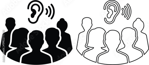 Vector icon set of a listening audience group of people with an ear symbol in solid black silhouette and line outline styles isolated on white background for public communication.
