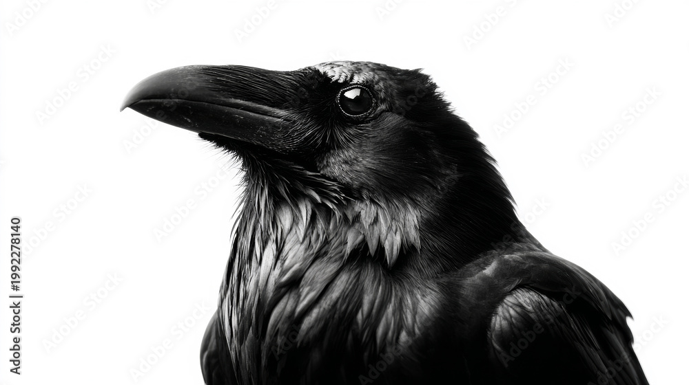 Fototapeta premium Profile view of a raven's head and upper body, featuring detailed black feathers and piercing eye on a clean white backdrop