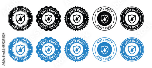 A collection of circular anti rust emblems featuring a shield and droplet in black and blue variations high quality professional detailed modern elegant