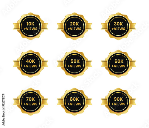 A collection of nine golden badges displays increasing view counts from 10k to 90k indicating social media achievements high quality professional detailed modern