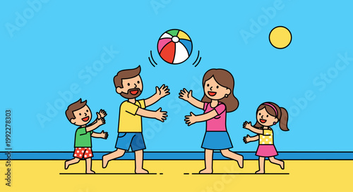 Family Playing Volleyball on Beach.