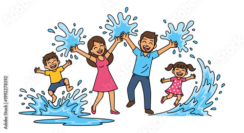 Family Playing in Water Splashes Together.