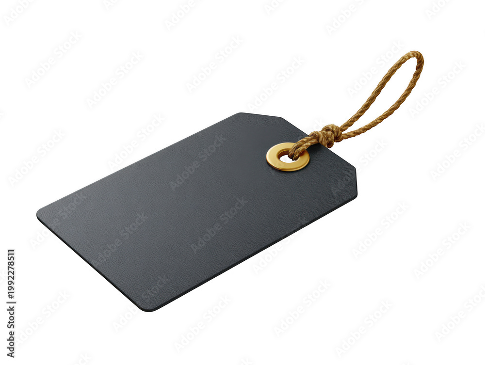 Fototapeta premium Blank gray tag with gold ring and brown string isolated on transparent background