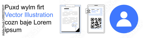 Identity verification, document processing, digital authentication, QR code scanning, online security, personal data. Features signed document, profile icon QR code. Identity verification