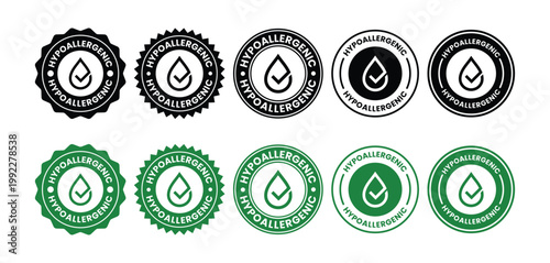 A collection of circular hypoallergenic emblems and badges presented in both black and vibrant green color schemes high quality professional detailed modern elegant