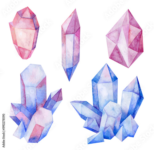 Set of vector watercolor crystals isolated on white background