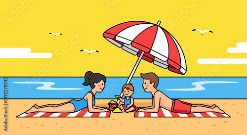 Family on beach with umbrella.