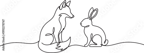 Continuous line art drawing of a sitting fox and rabbit facing each other in minimalist style