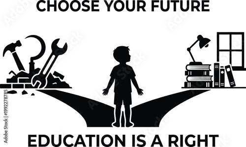 Child at crossroads choosing future between manual labor and education with tools and books symbols