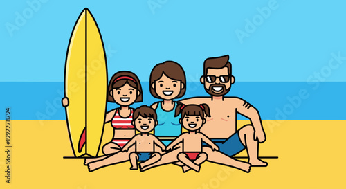 Family sitting on beach together.