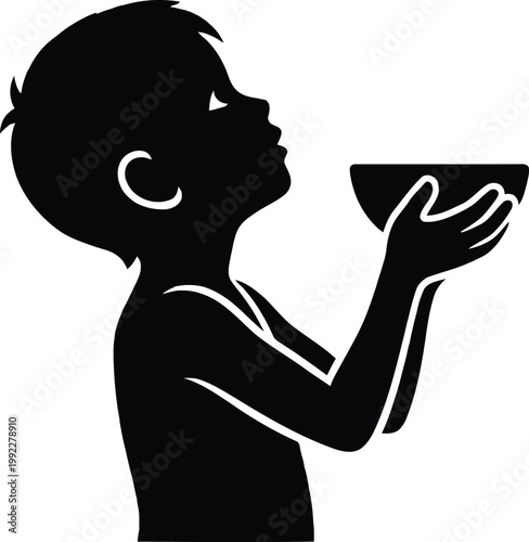 Silhouette of a young boy holding a bowl with both hands looking up child black and white