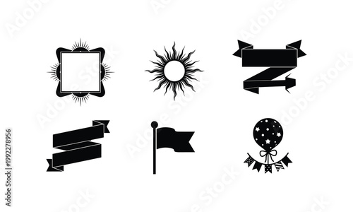 Graphic design elements vector set with ribbon banner flag sun emblem and party balloons.