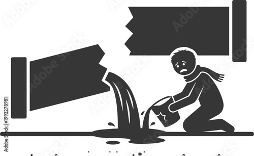 Stick figure man with scarf collecting water from a broken pipe into a bucket with a sad expression drought