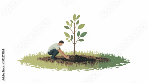 Minimal vector illustration of a man planting a young tree in soil for reforestation and environmental conservation