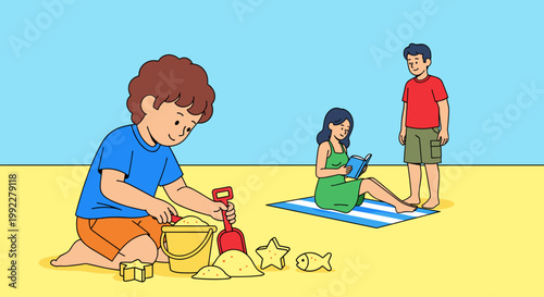Boy Playing on Yellow Sandy Beach.