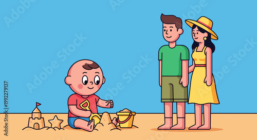 Family on the beach watching child.