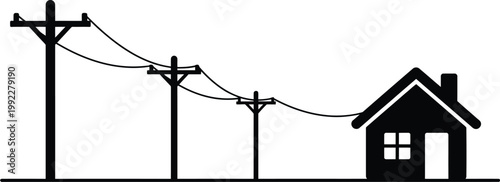 Three utility poles with power lines connecting to a house silhouette on a white background